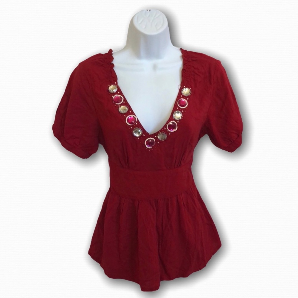 Lotus red beaded pink jeweled blinged ruffle top women's‎ size XS S